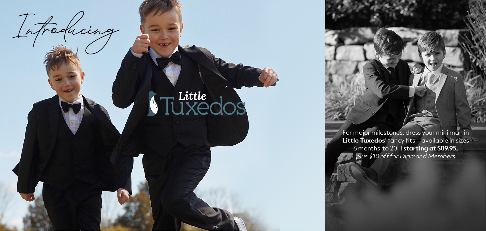 Two boys playing in field with tuxedos